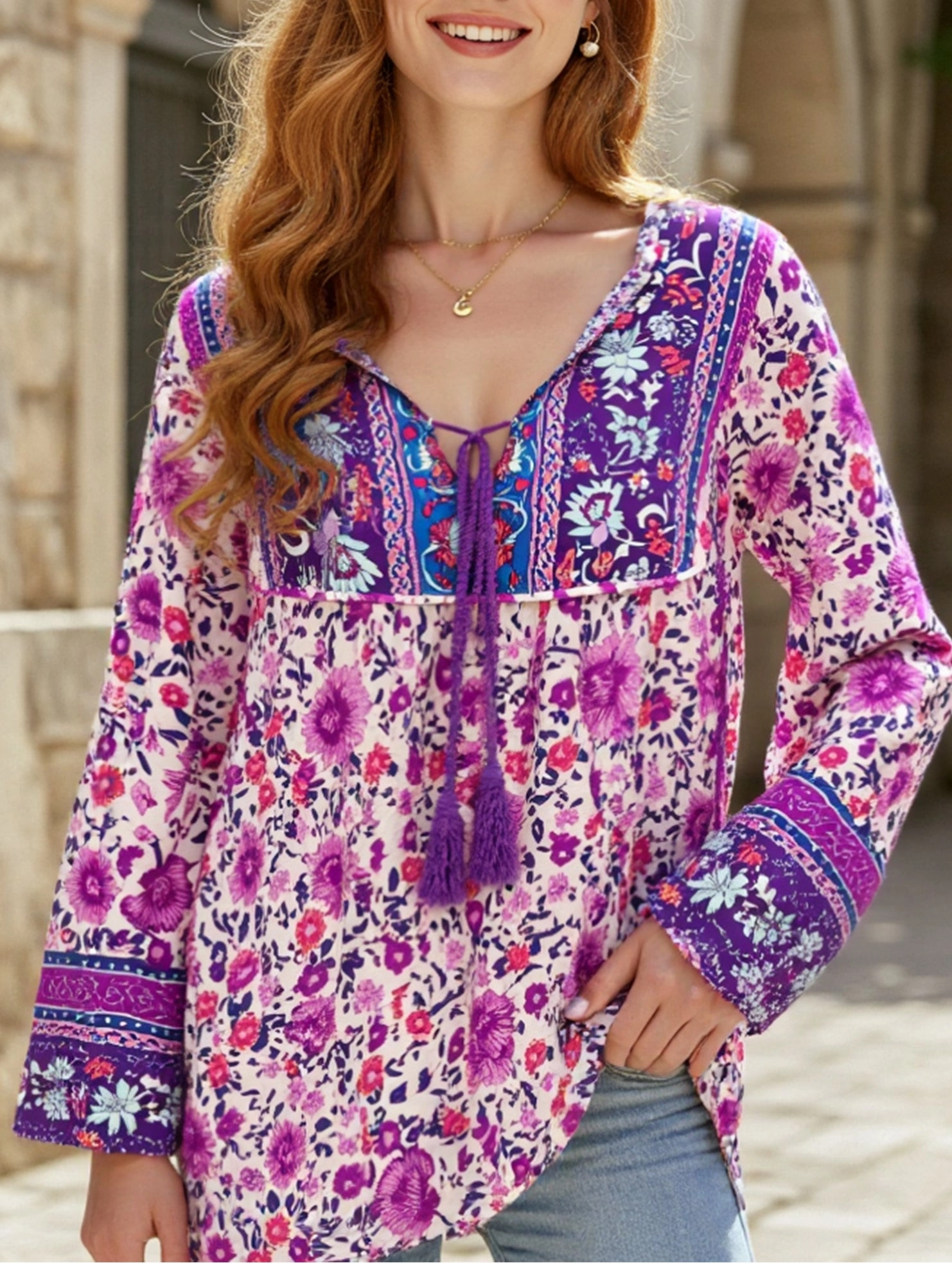 Sporty Top Bohemian print long-sleeved T-shirt