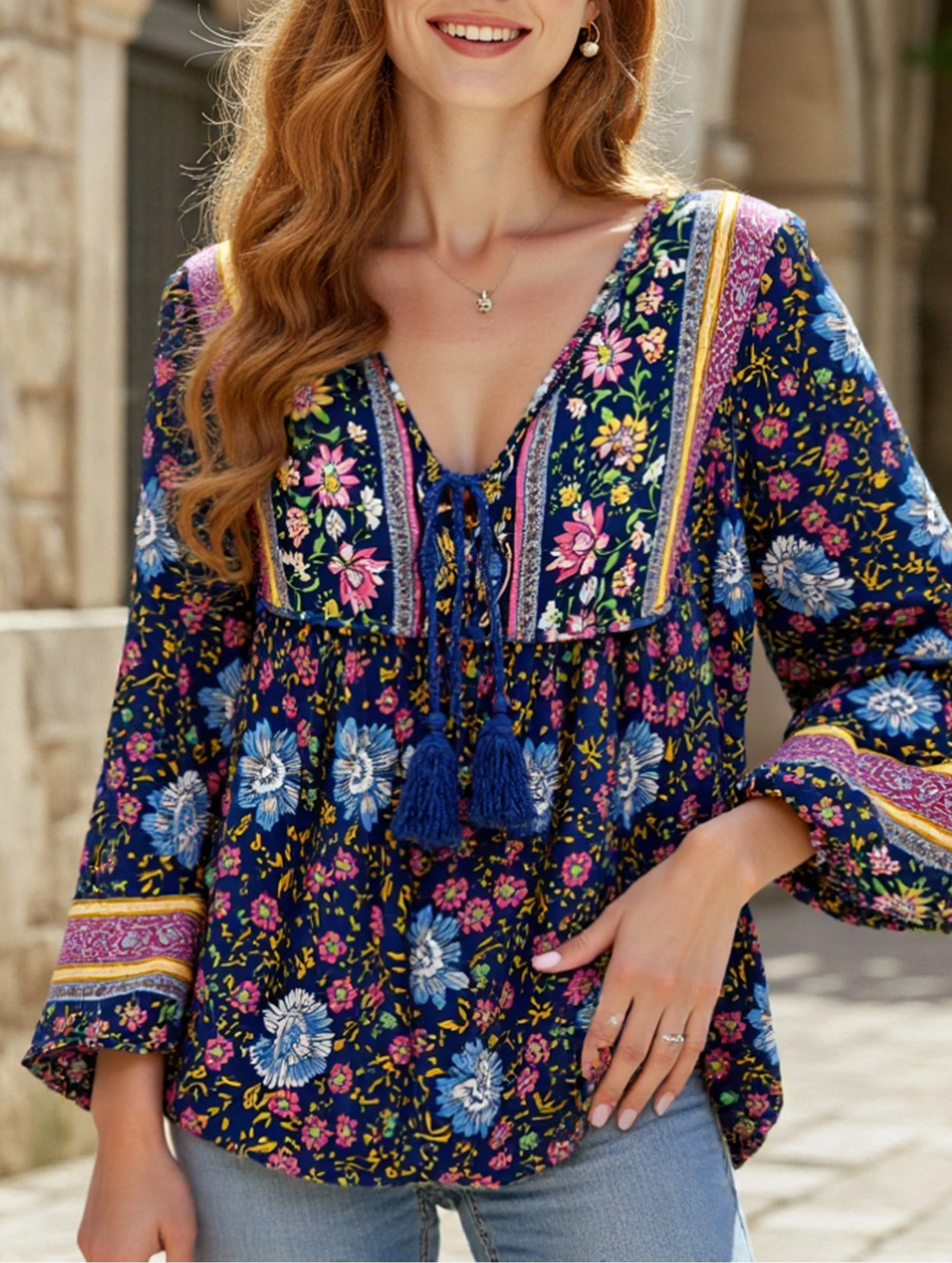 Bohemian print long-sleeved T-shirt AntiStaticFinish