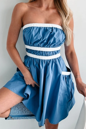 Soft Profile Urban Ease Making Life Great Strapless Mini Dress (Blue/White)