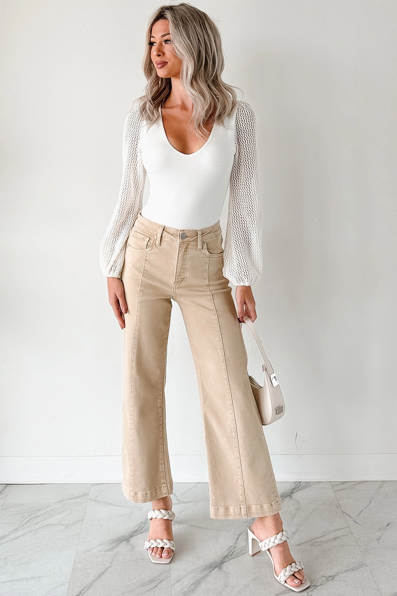 Maizie Tummy Control Wide Leg Cropped Risen Jeans (Latte) Rugged Comfort