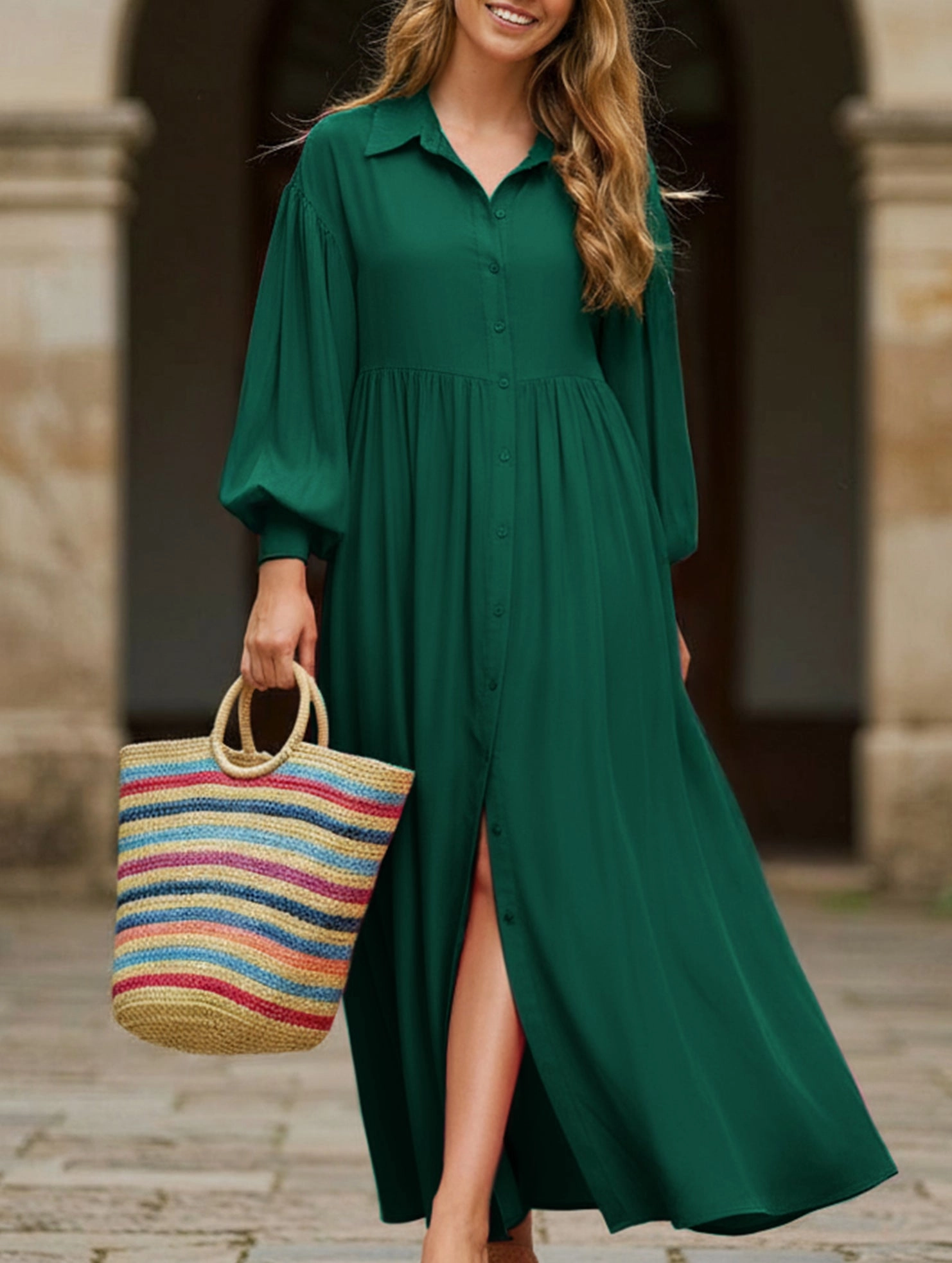 Soft Fit Wear Button-Down Lapel Pleated Long-Sleeve Maxi Dress