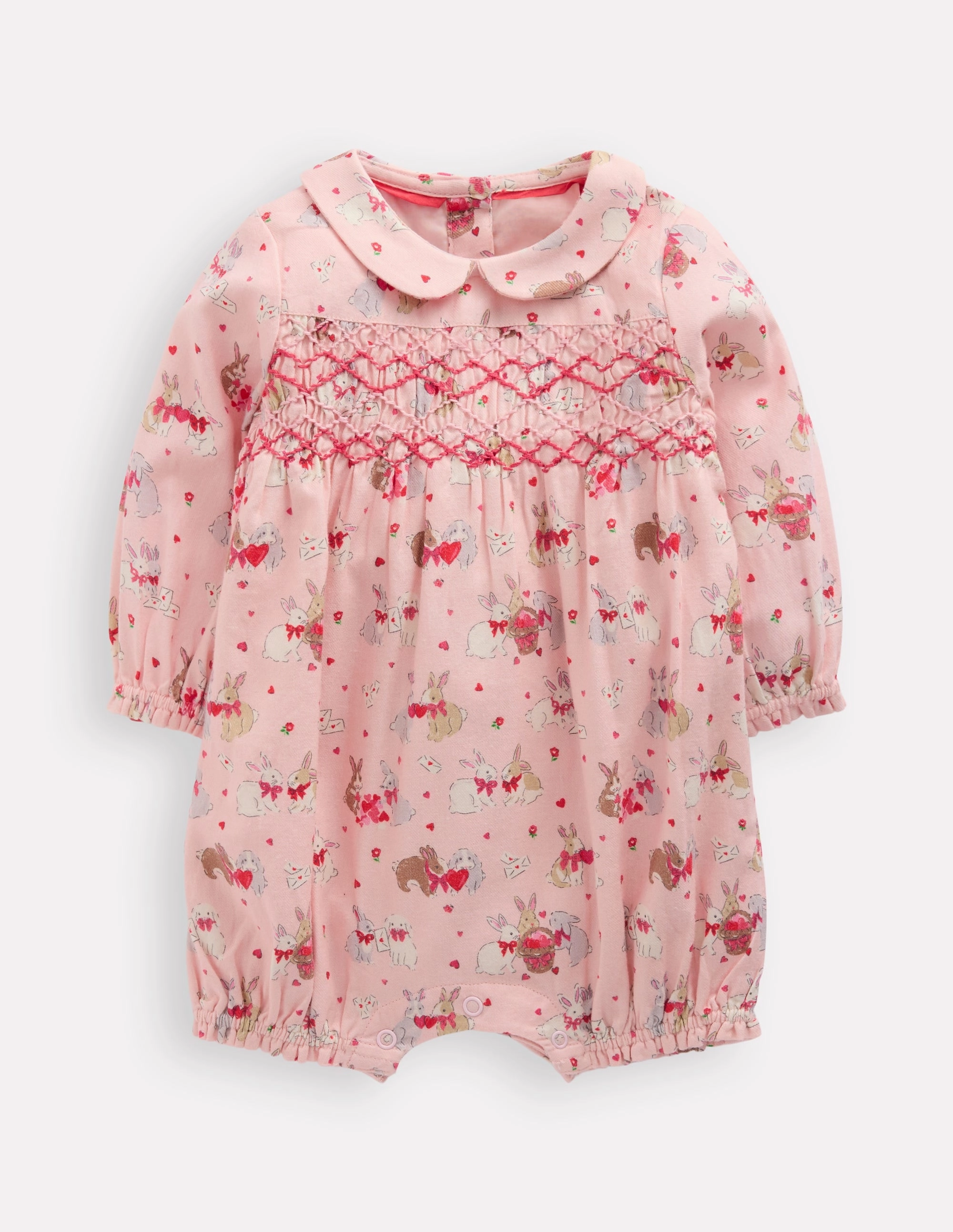 Night Worker Loose Versatile Smocked Romper-Pink Love Bunnies