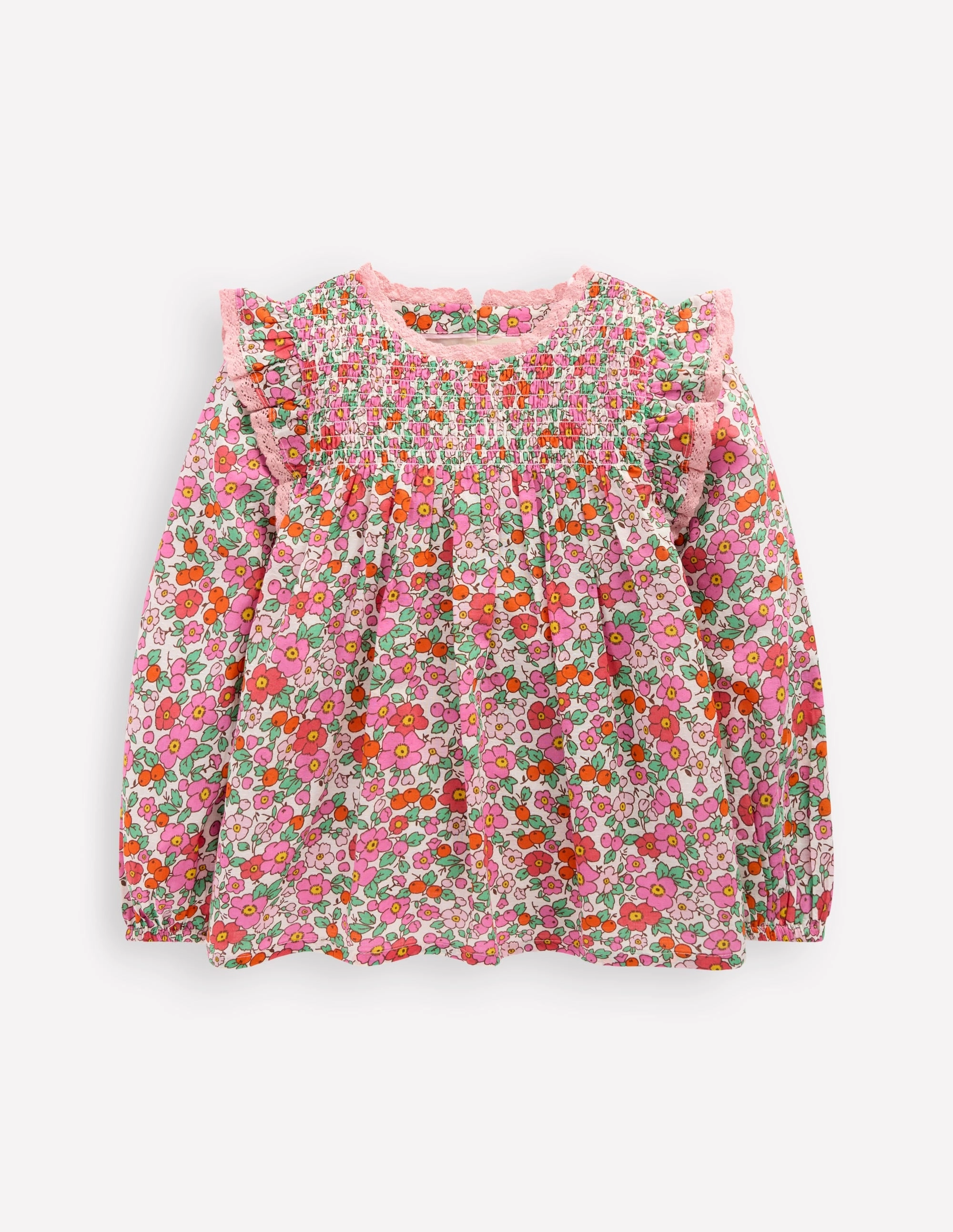 Smocked Ruffle Blouse-Pink Apple Blossom Floral Wrinkle Resistant Finish Flexible Neckline
