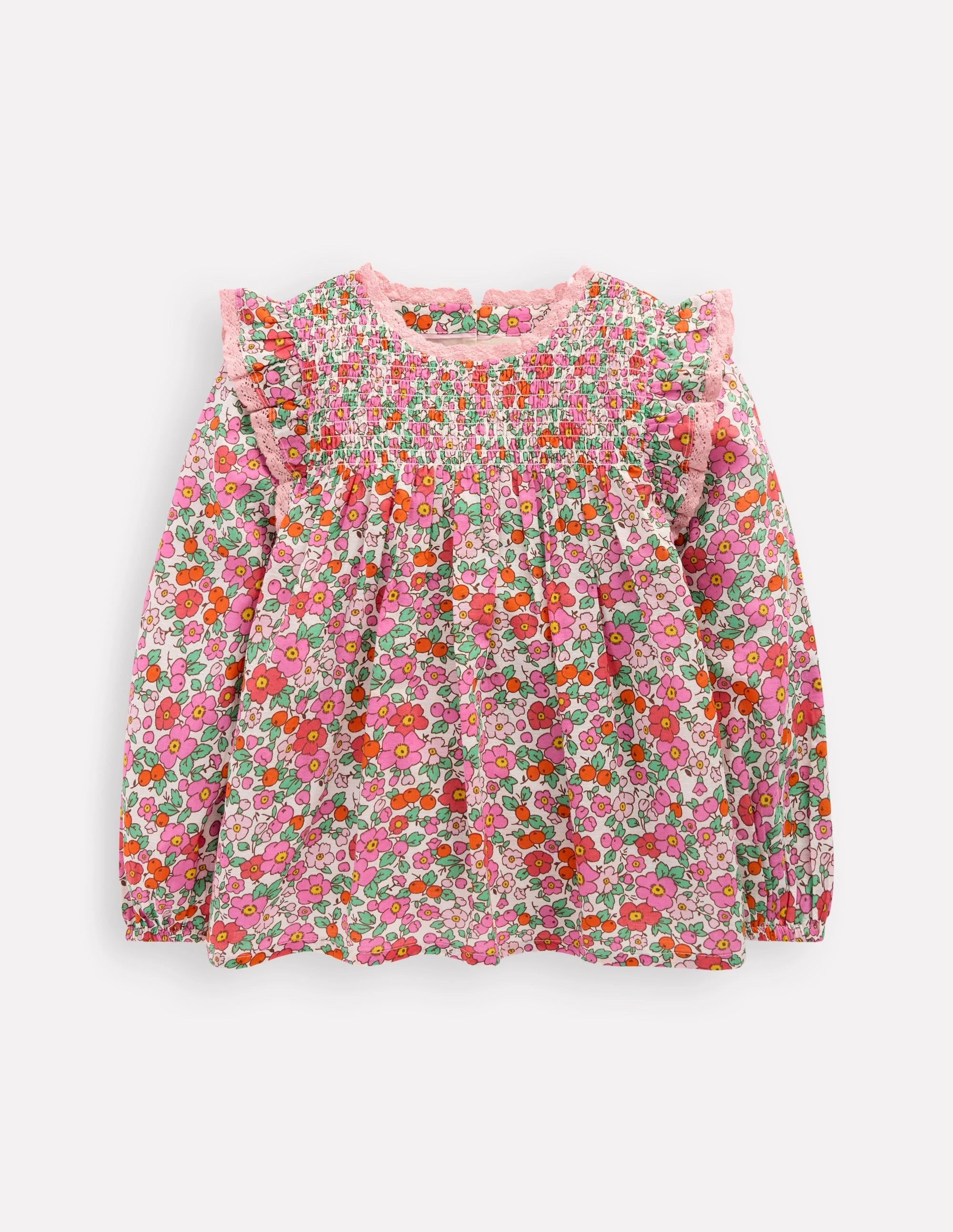 Smocked Ruffle Blouse-Pink Apple Blossom Floral UltraSoft Blend TwillWeave