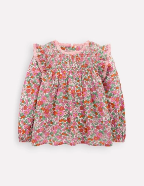 Smocked Ruffle Blouse-Pink Apple Blossom Floral Wrinkle Resistant Finish Flexible Neckline