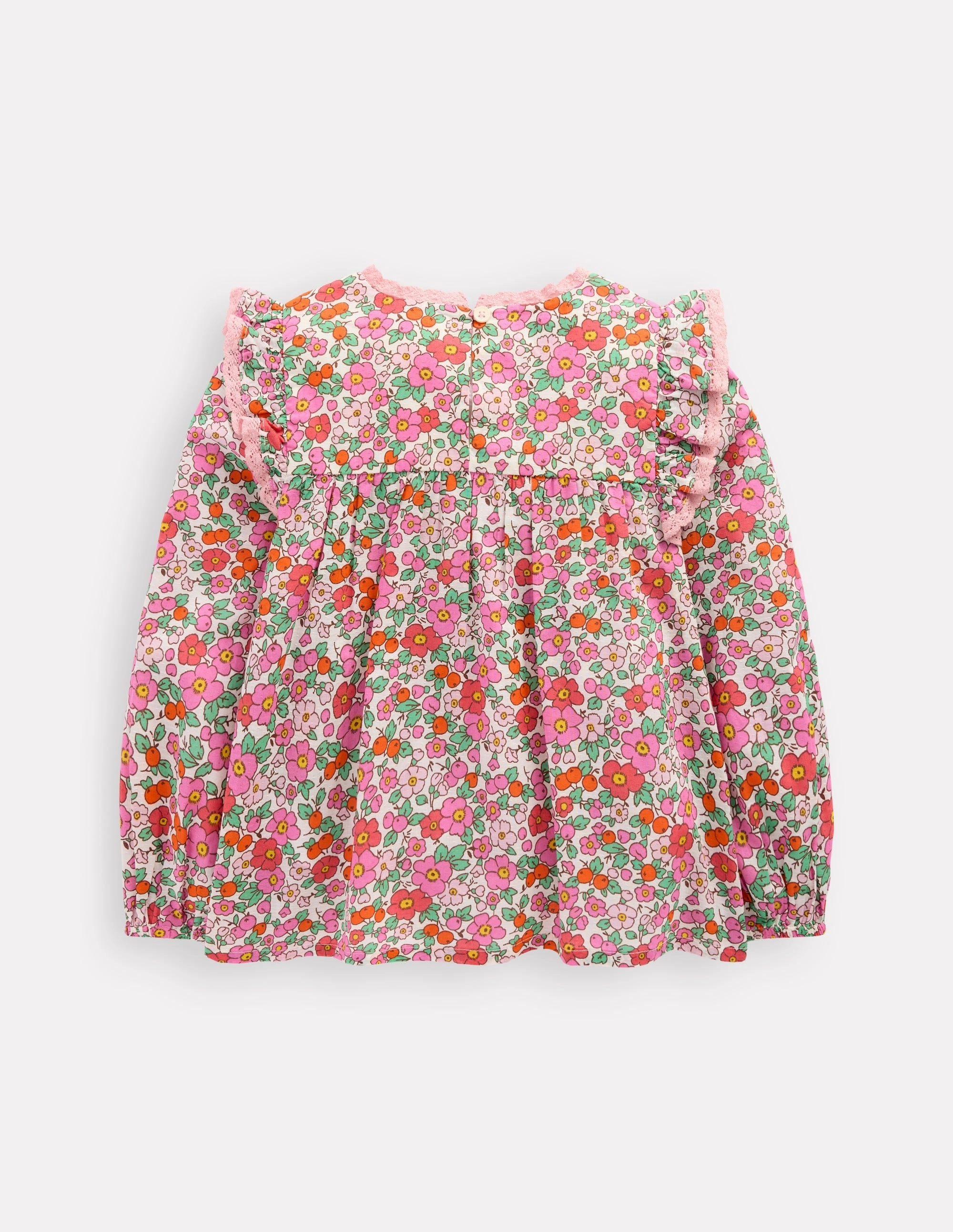 MultiDirectionalStretch Lightweight Smocked Ruffle Blouse-Pink Apple Blossom Floral
