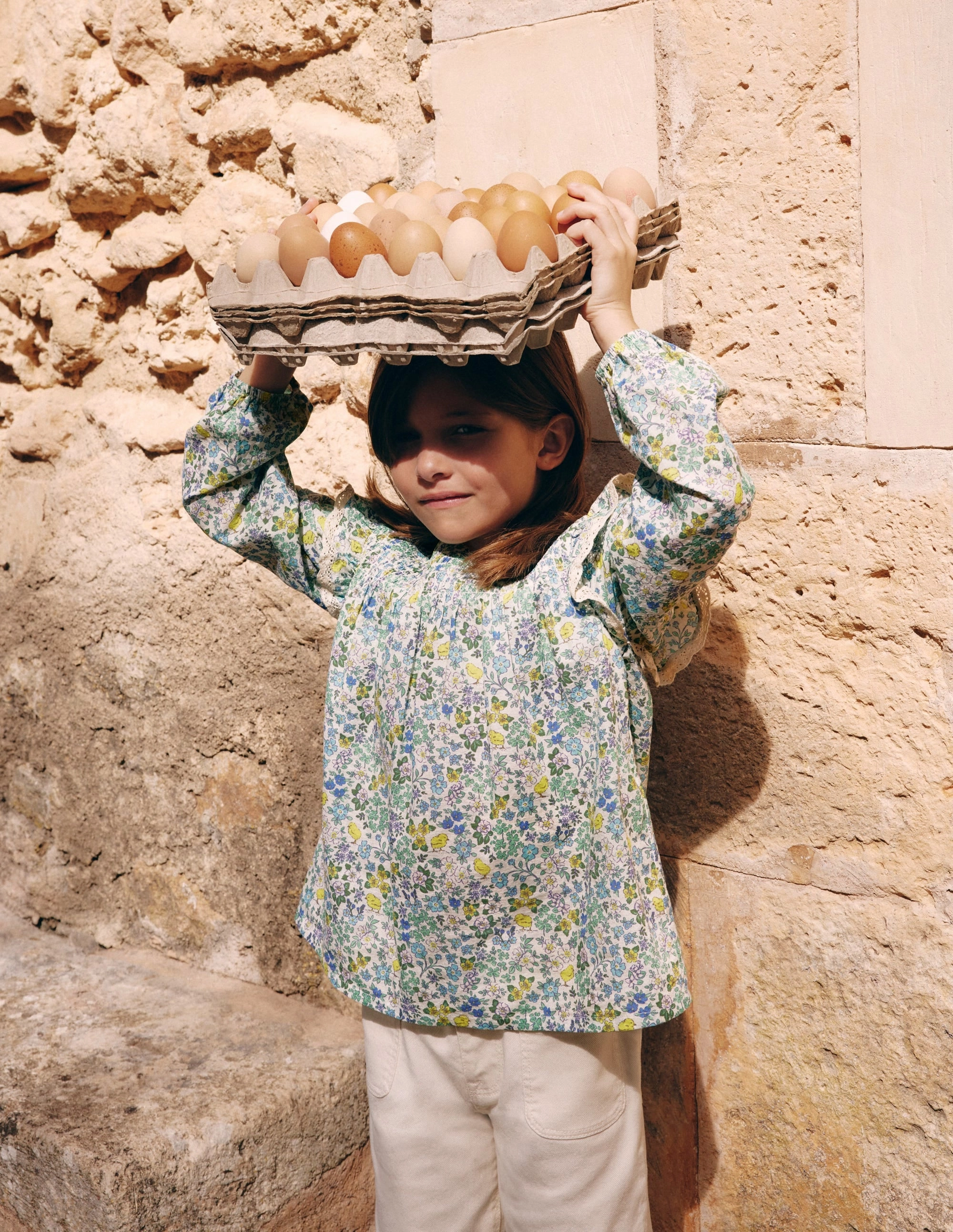 Smocked Ruffle Blouse-Vanilla White Chick Floral Flexible Shoulder Gusset