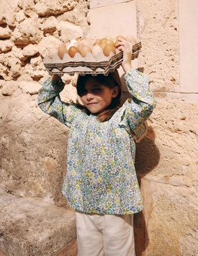 Smocked Ruffle Blouse-Vanilla White Chick Floral Flexible Shoulder Gusset