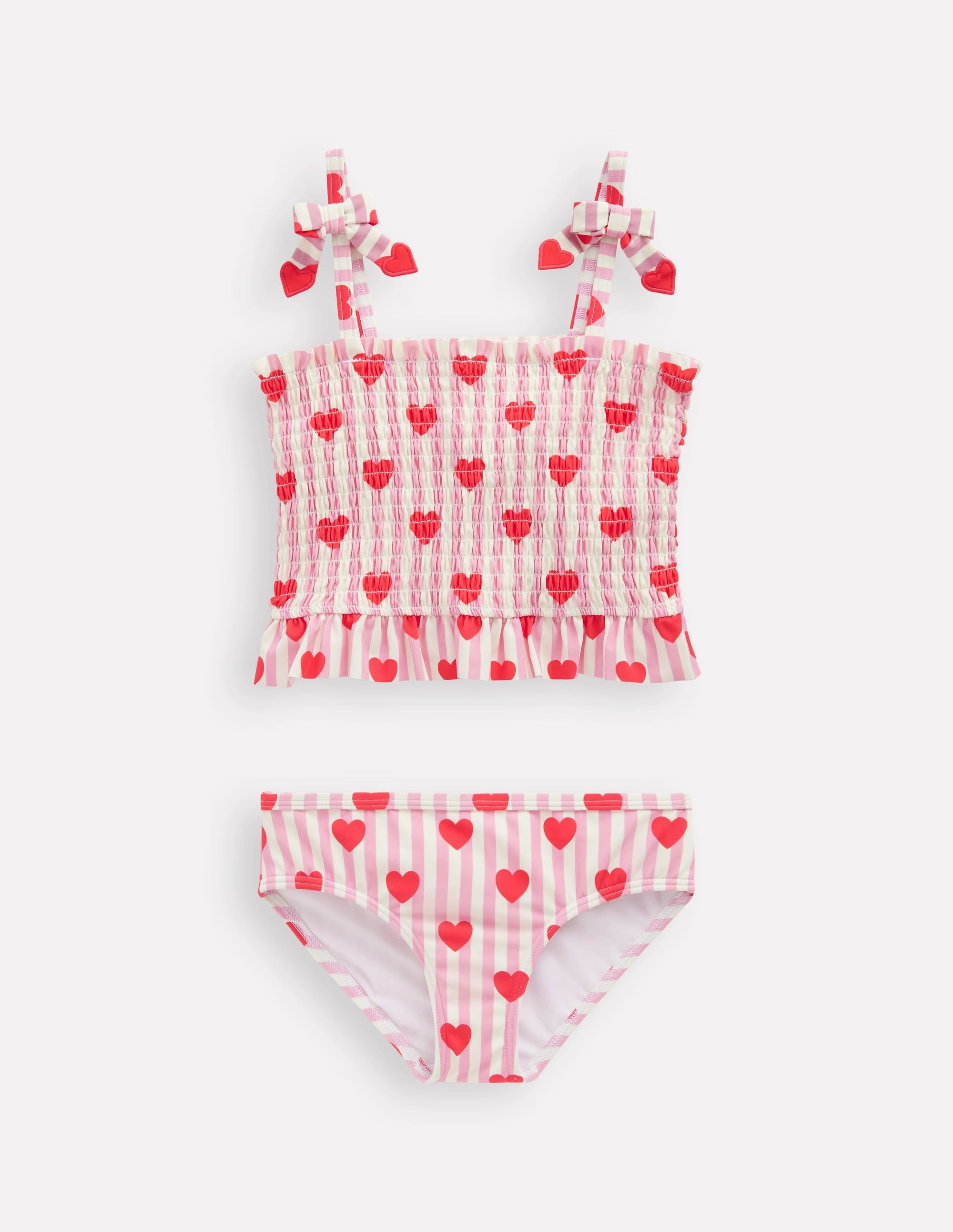 Multi Pocket Design Smocked Tankini Set-Bubblegum Pink Heart Stripe