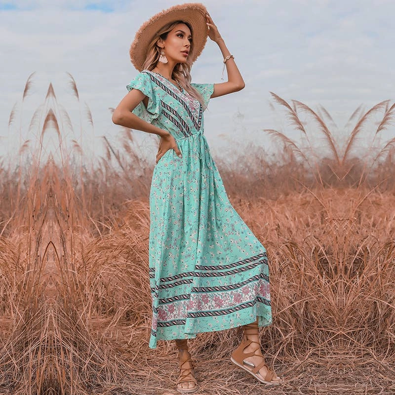 Feminine Mood LayeredHemline BOHO FROCK WITH RUFFLED SLEEVES_CWDMD1955