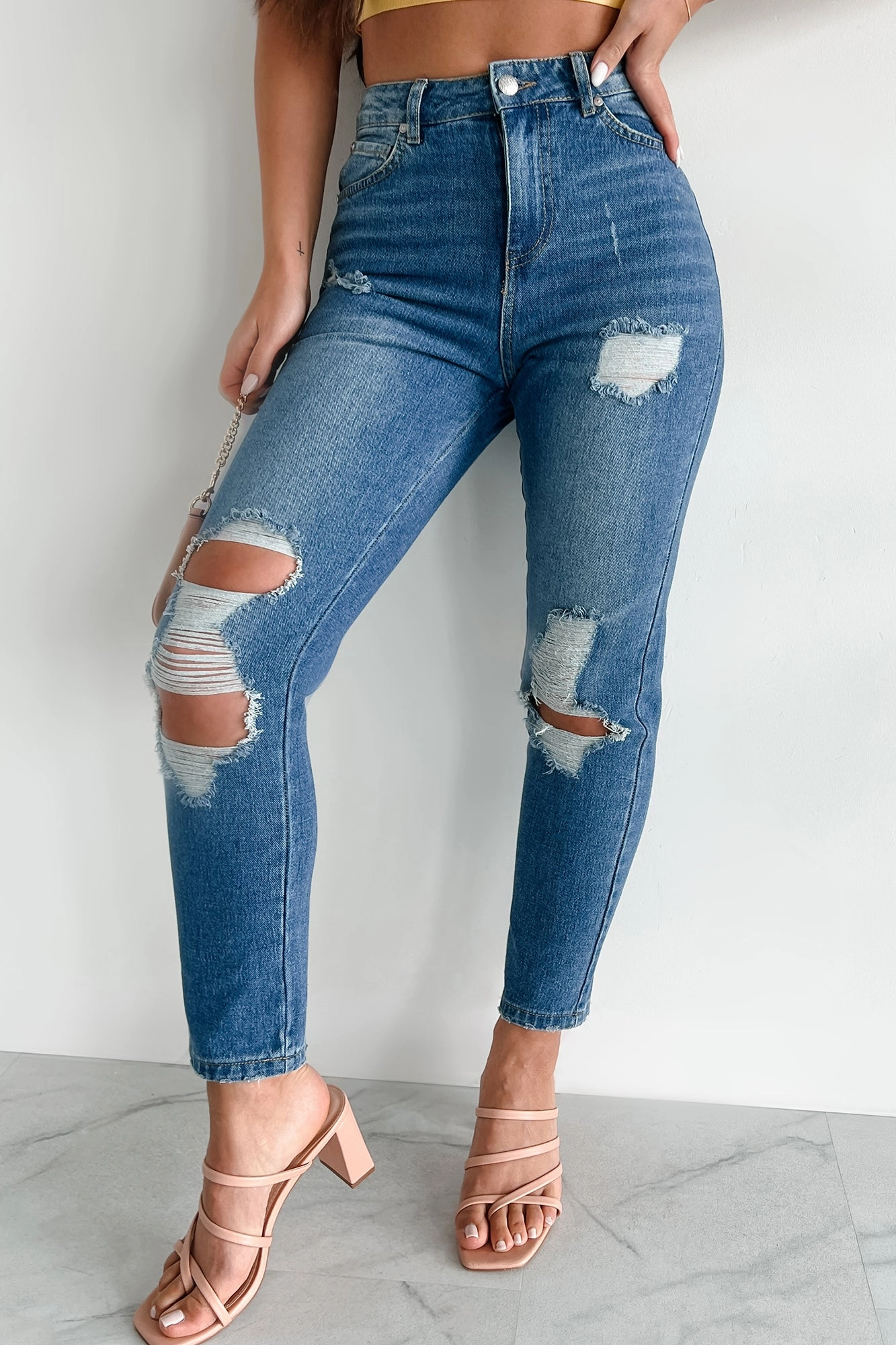 Ariah High Rise Distressed Mom Jeans (Medium Denim) Wrinkle Free Fabric On The Move