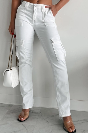Cool Ambition Mid Rise Straight Leg Cargo Jeans (White) SmoothZipper