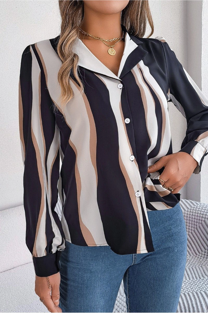 Lightweight Weave High Neck Design WOMEN STRIPE PATTERNED BUTTON DOWN OFFICE BLOUSE