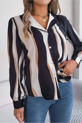 Lightweight Weave High Neck Design WOMEN STRIPE PATTERNED BUTTON DOWN OFFICE BLOUSE