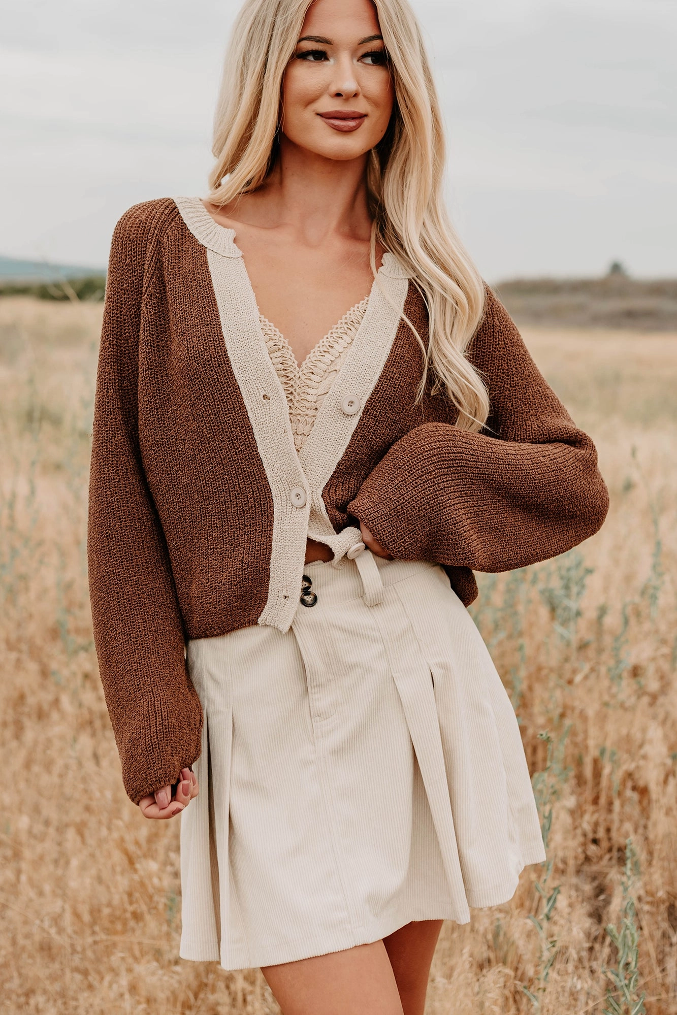 Biodegradable Fiber Blend Healing My Heart Contrast Knit Cardigan (Brown)