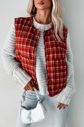 Ribbed Hem Finish MinimalistCut Fireside Chats Quilted Plaid Vest (Red Plaid)