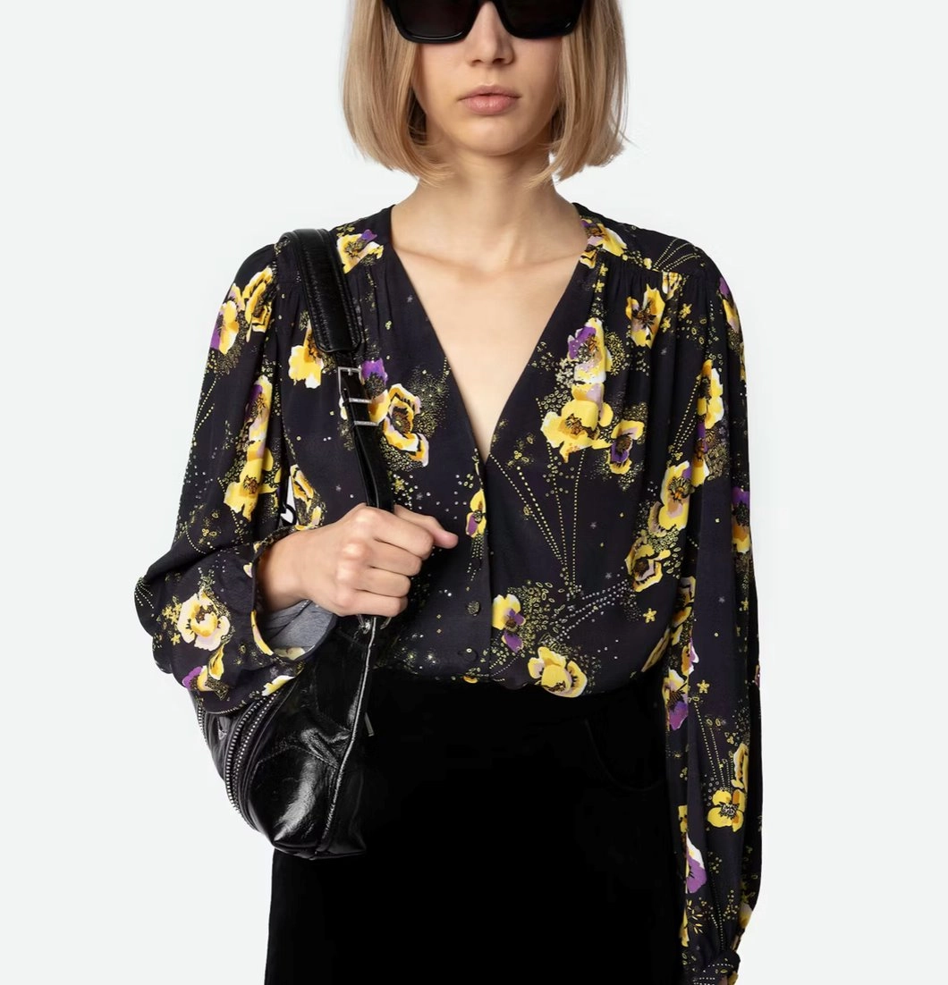 Turin Crepe Blouse Black Yoko Floral Print AbrasionResistant Foldable Cuff Design