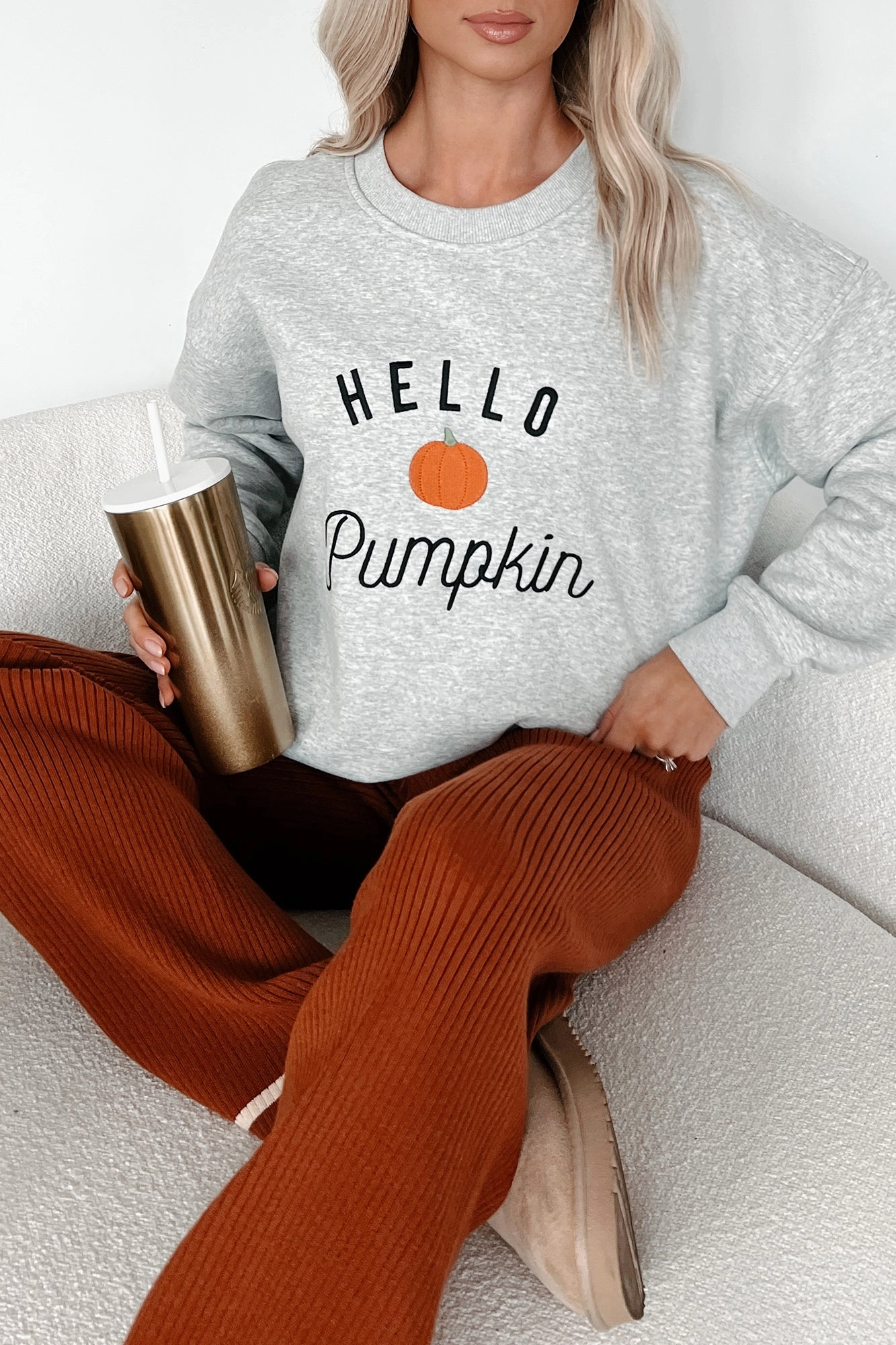 Welcoming Fall "Hello Pumpkin" Crewneck Sweater (Grey) Flexible Knit Fabric