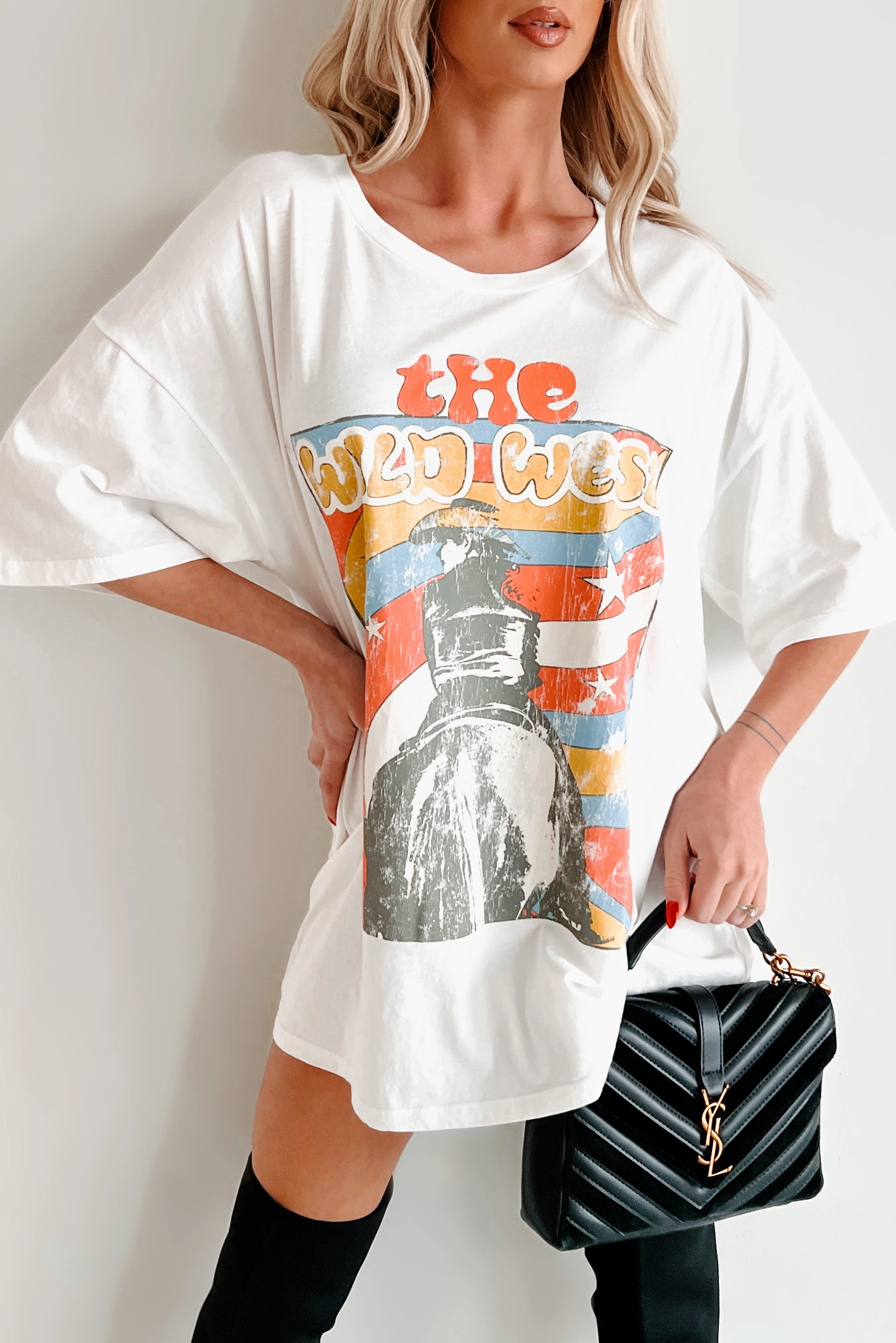 Eco Conscious Dye Process Chic Cardigan "The Wild West" Oversized Graphic Tee (Ivory)