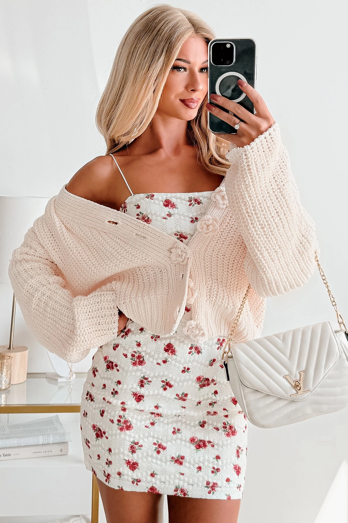 Soft & Still POL Oversized Chenille Cardigan (Powder Cream) VNeck Style HiddenZipper