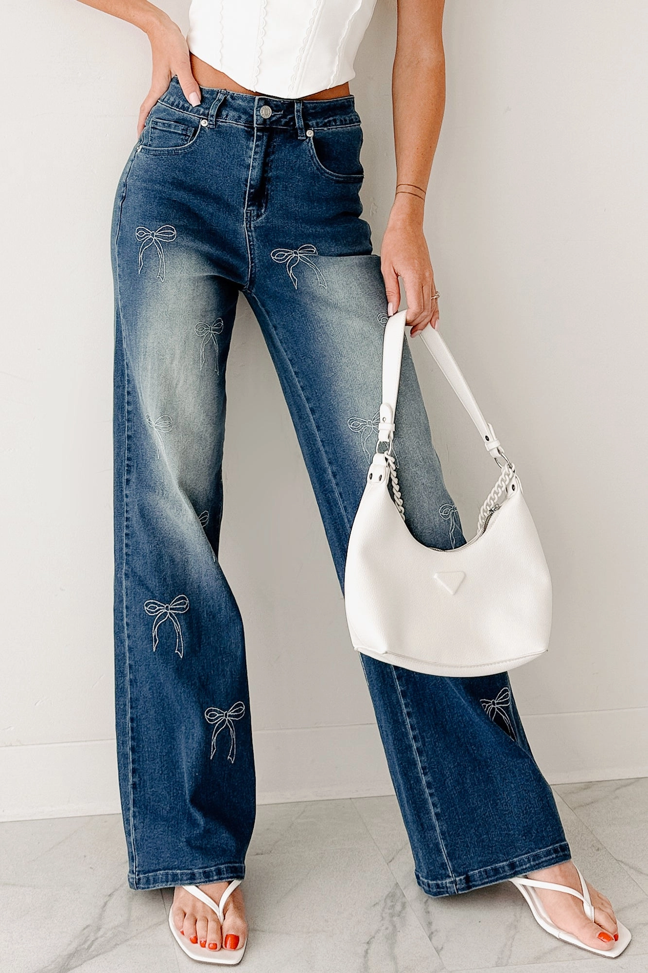 Soft & Sweet High Rise Straight Leg Bow Jeans (Med Wash) StainResistantCoating Simple and Cozy