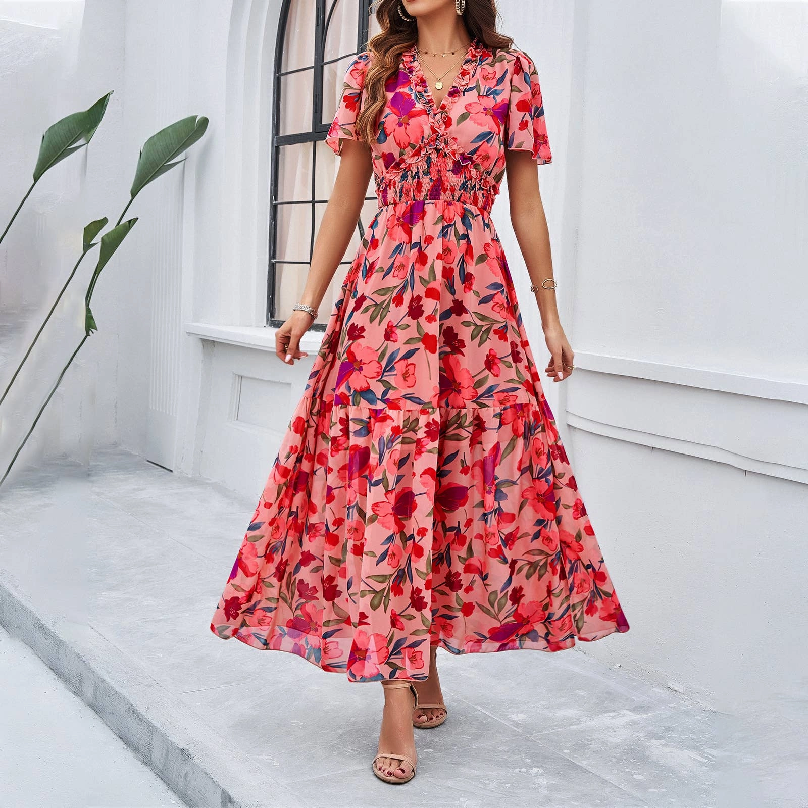 CASUAL PRINT DRESS WITH WAIST_CWDMD1914 Crisp Look Sleek Fit