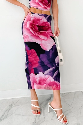 Sleek Motion Relaxed Vibes Mood Manifest Floral Mesh Midi Skirt (Pink/Purple)