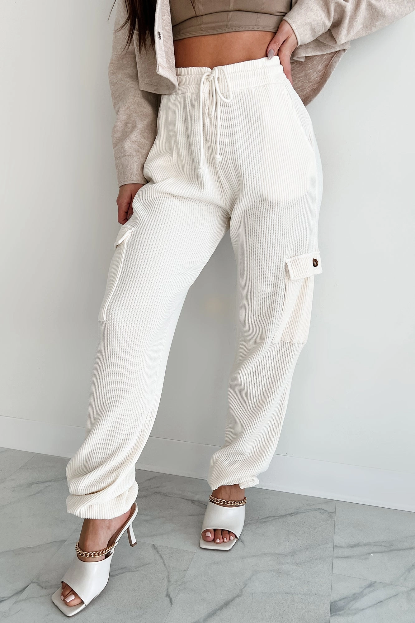 AntiStatic Treatment Sports Wear Leave Me Alone Cargo Waffle Knit Pants (Cream)