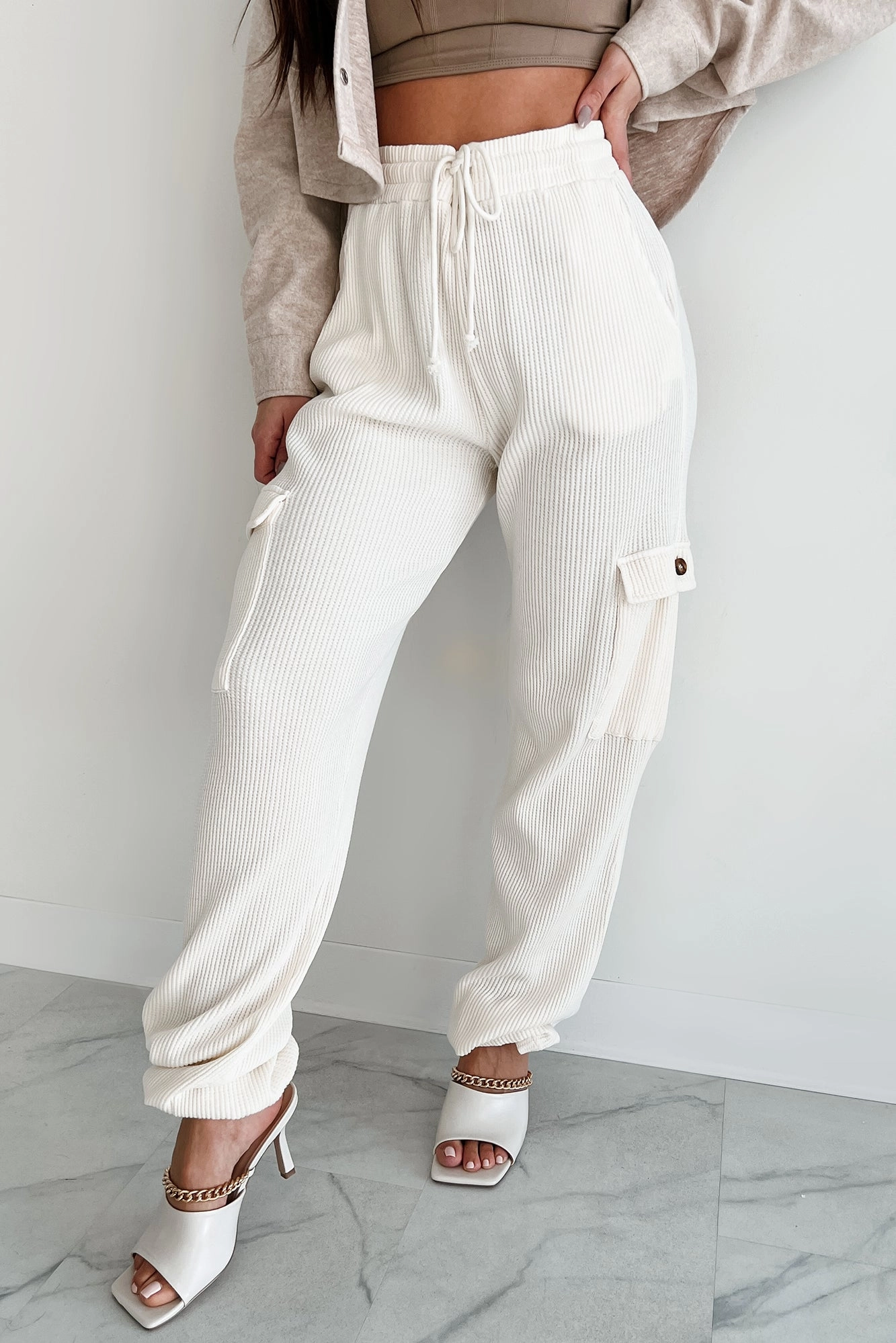 Leave Me Alone Cargo Waffle Knit Pants (Cream) Rugged Design event venue