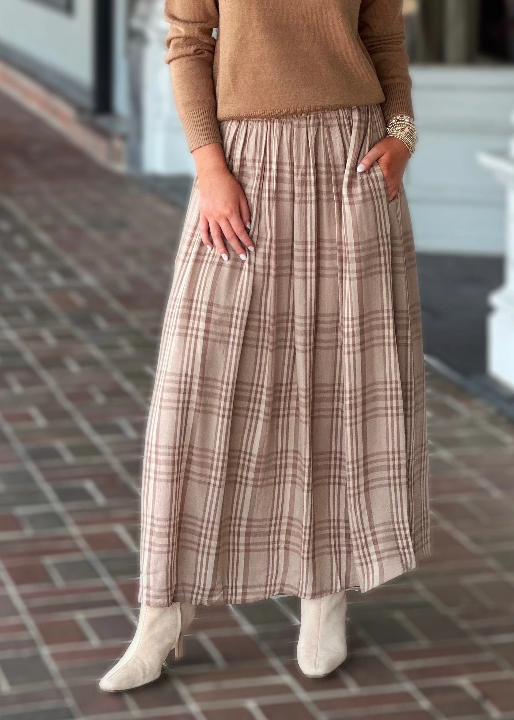 Seasons Change Plaid Skirt in Mocha Photoshoot Ready Global Inspiration
