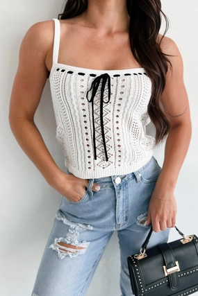 Seamless construction Subtle Charmer Contrast Bow Sweater Tank (White/Black)