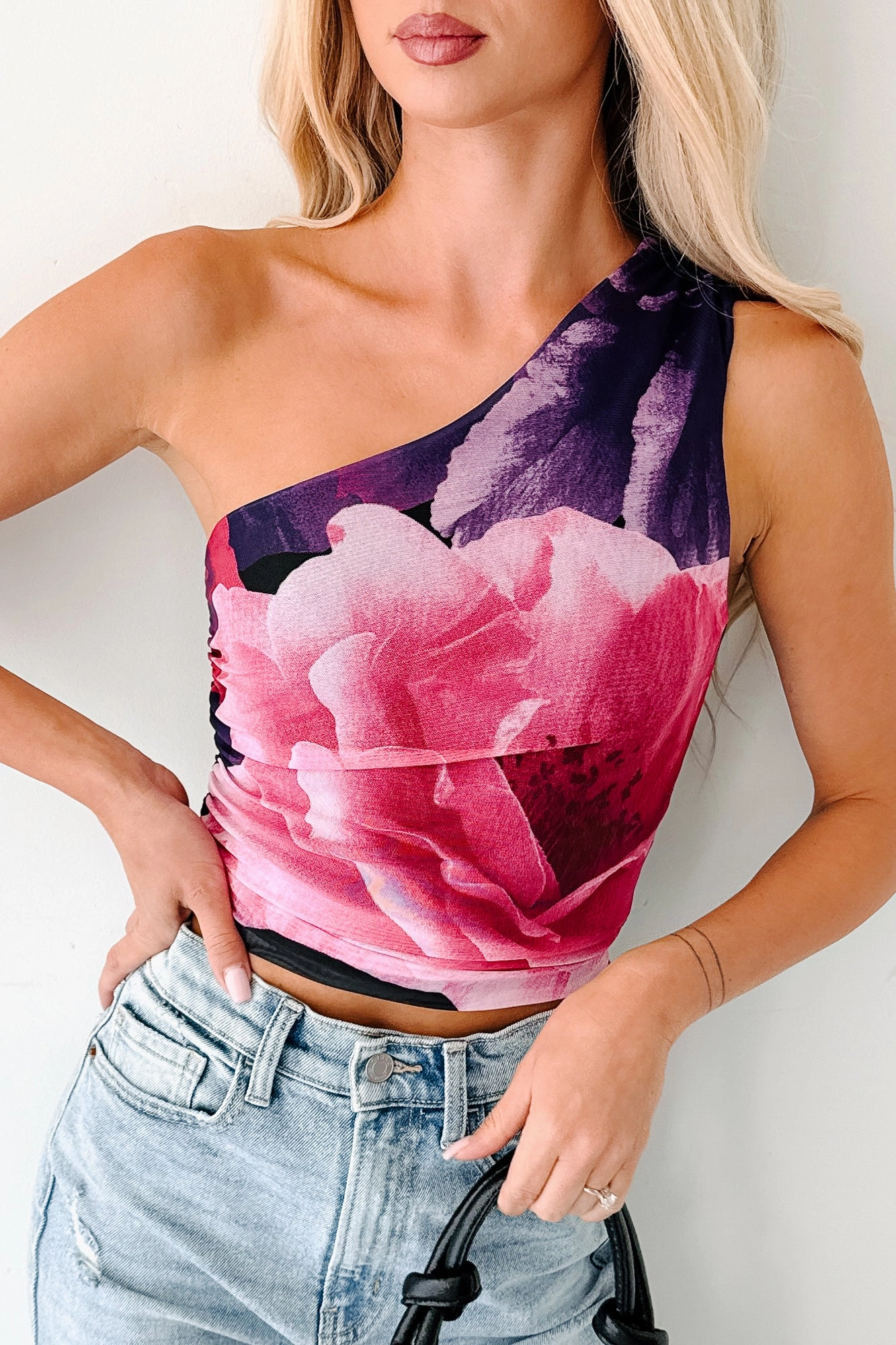 AdjustableClosure NonRestrictiveCut Soft Reign One Shoulder Floral Mesh Top (Purple/Pink)