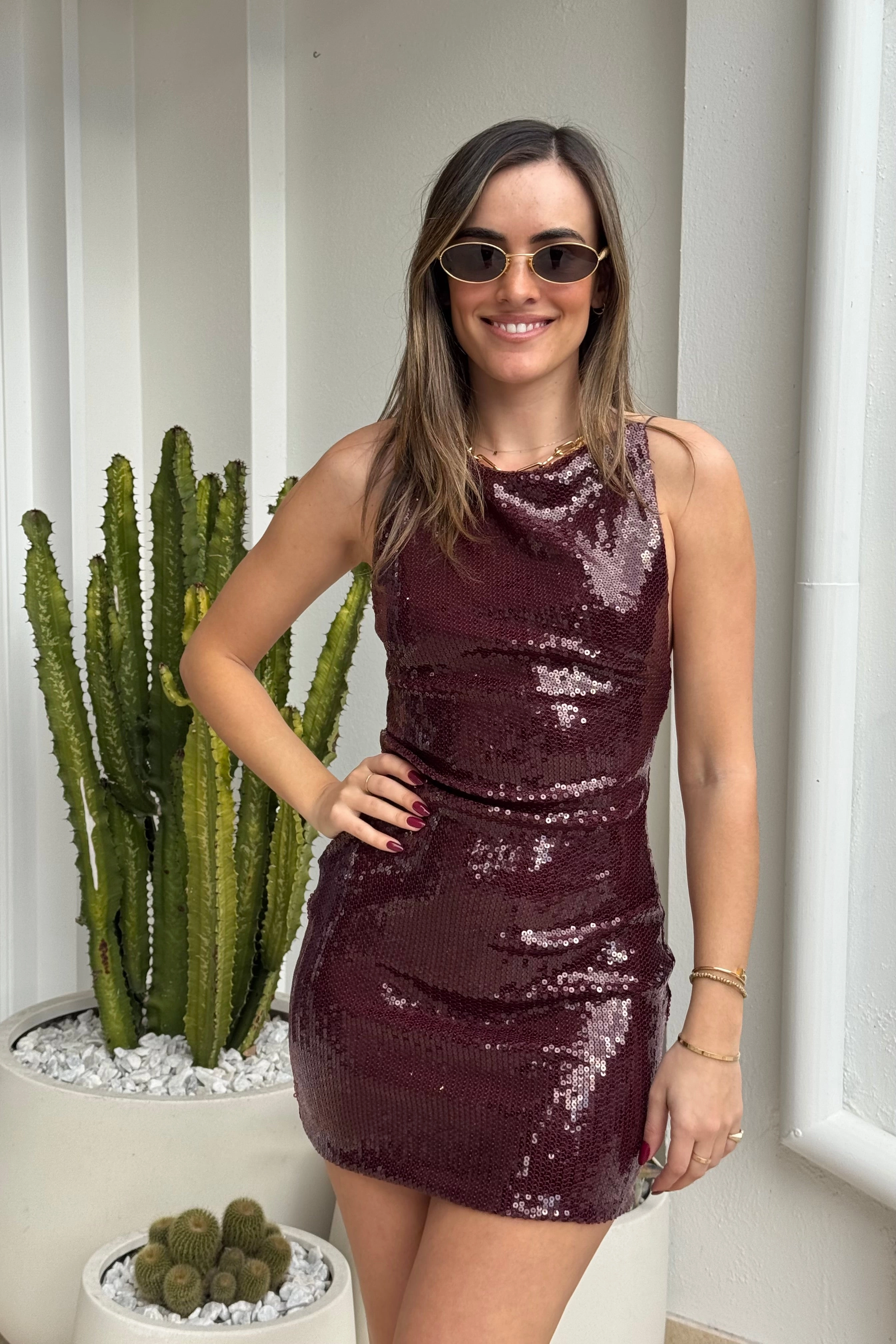 Celestia Mini Dress Plum Gathered-Detail