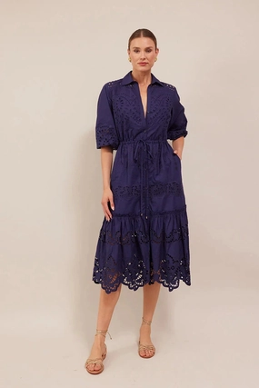 Walk Easy Drawstring-Waist Hutton Dress Navy Embroidered Eyelet