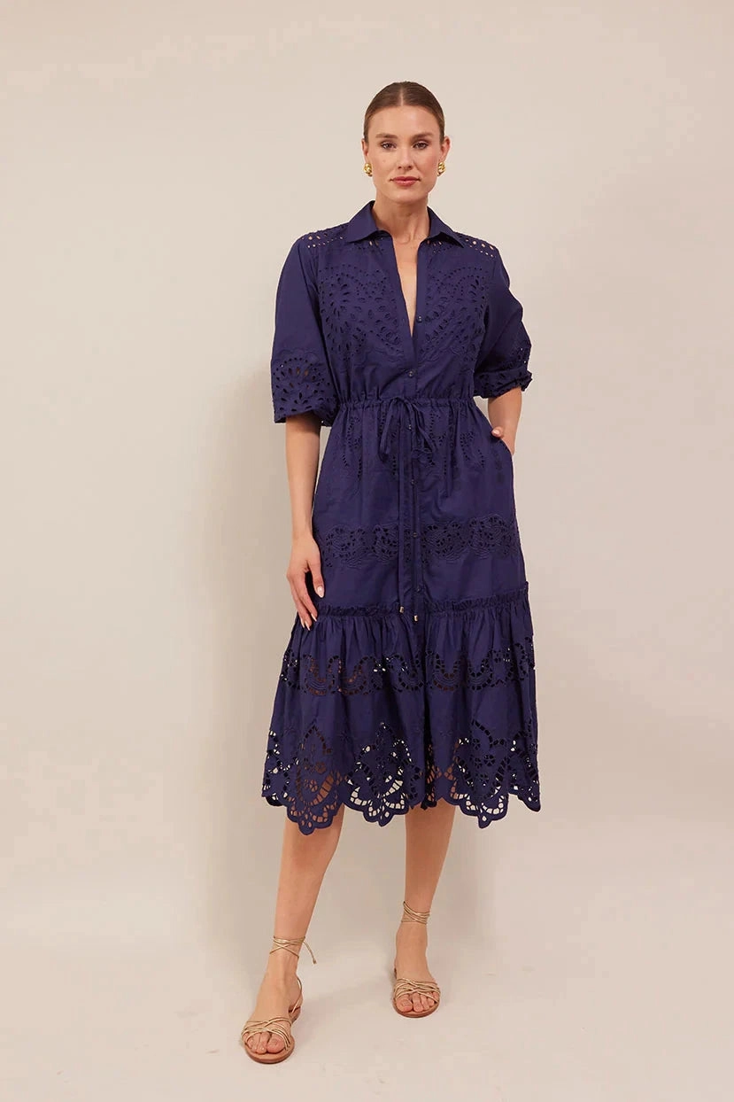 Hutton Dress Navy Embroidered Eyelet Silk Air