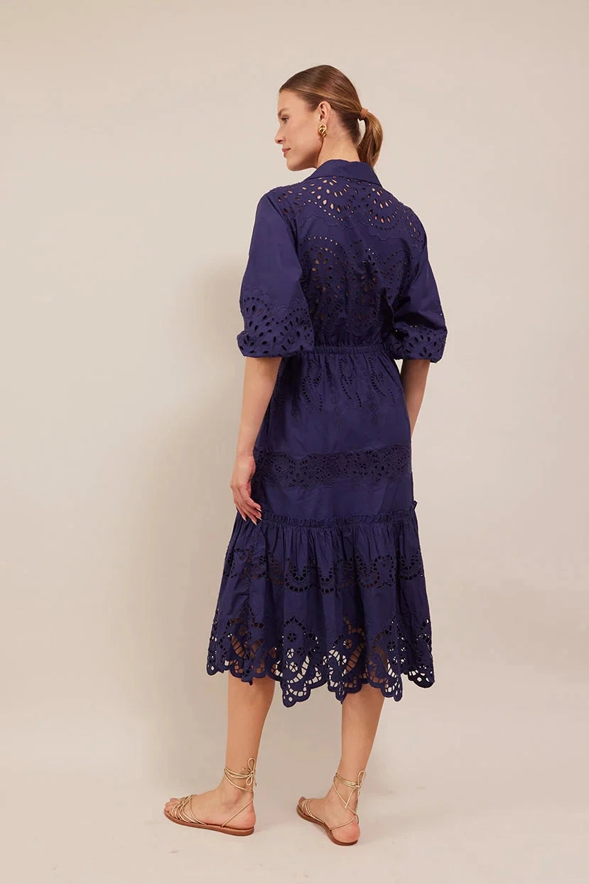 Hutton Dress Navy Embroidered Eyelet Relaxed Layer