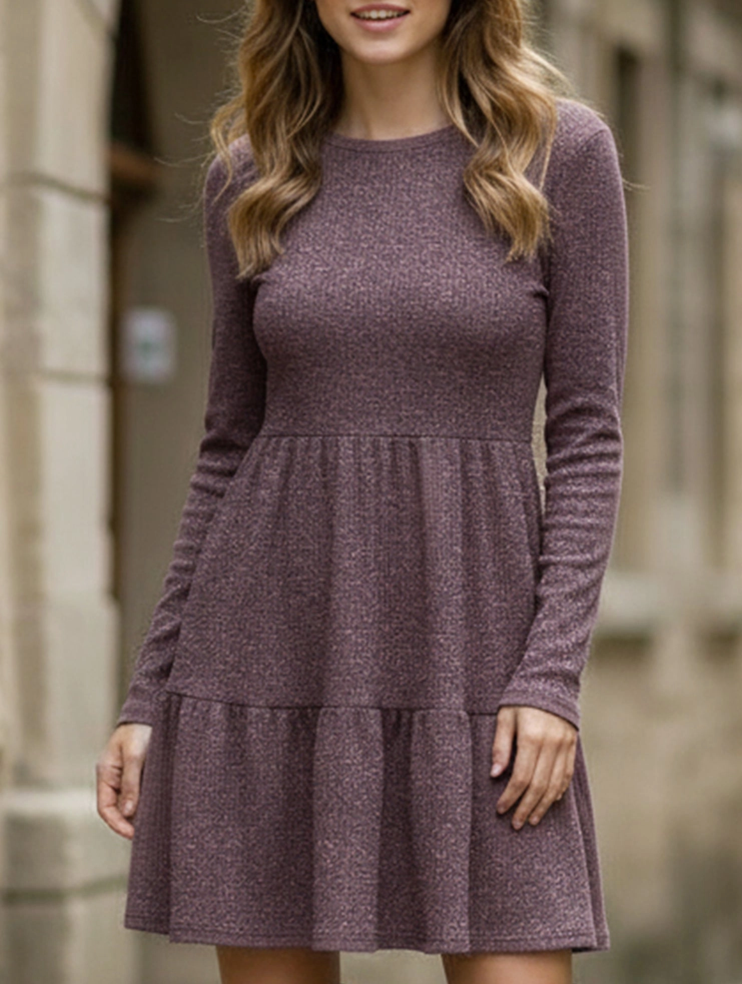 Crew Neck Loose Striped Sweater Dress Pleated-Texture