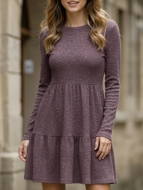 Crew Neck Loose Striped Sweater Dress Pleated-Texture