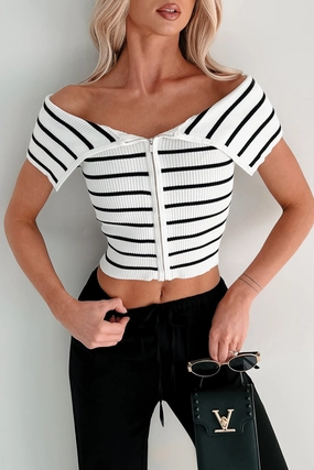 All Season Wear Fabric Lovely & Kind Off The Shoulder Striped Zip-Up Top (White)