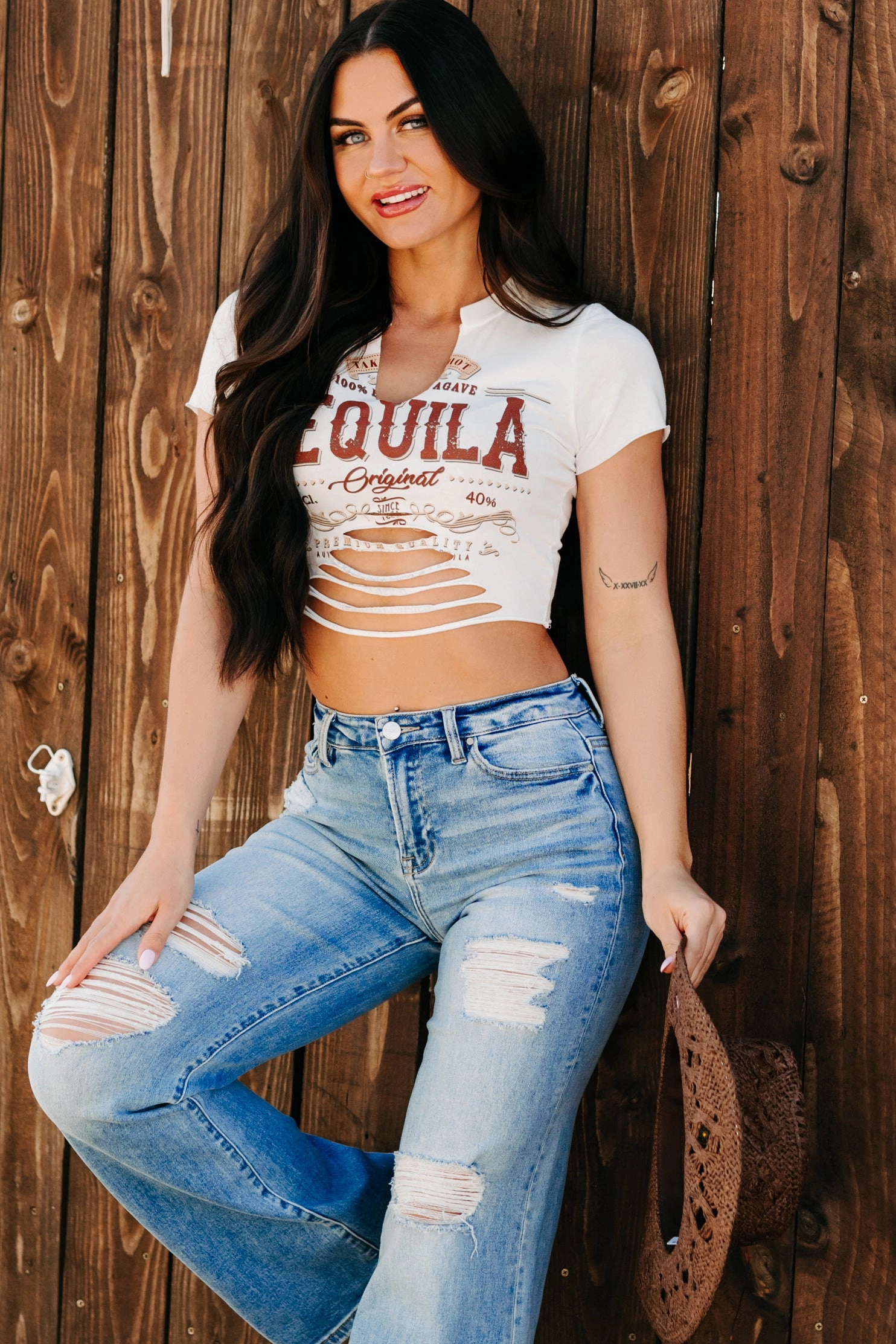 RecycledPolyester "Tequila Original" Distressed Graphic Crop Tee (Ivory)