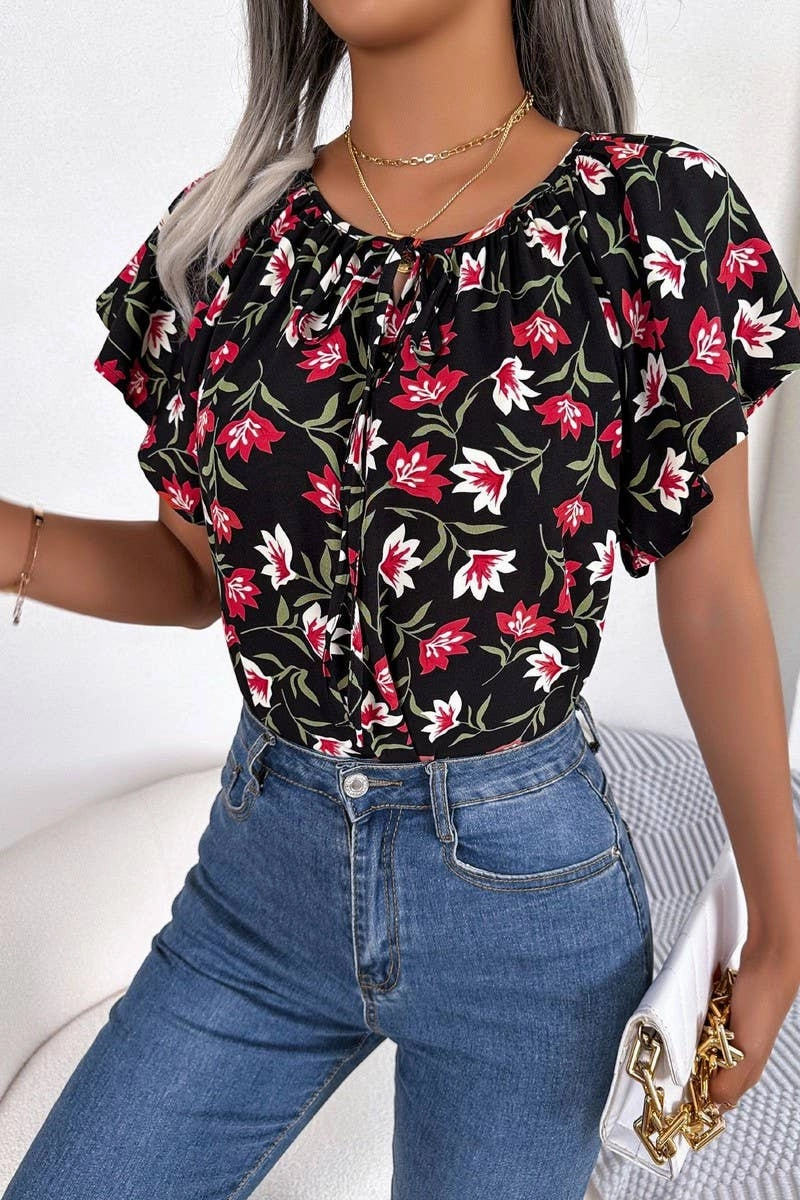 FeatherlightConstruction Structured Shoulder CASUAL LOOSE RUFFLED LACE CHIFFON TOP_CWTSTS0223