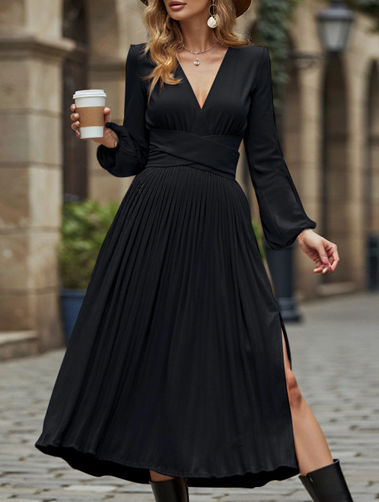 Guest Glam Side Slit Solid color dress midi length