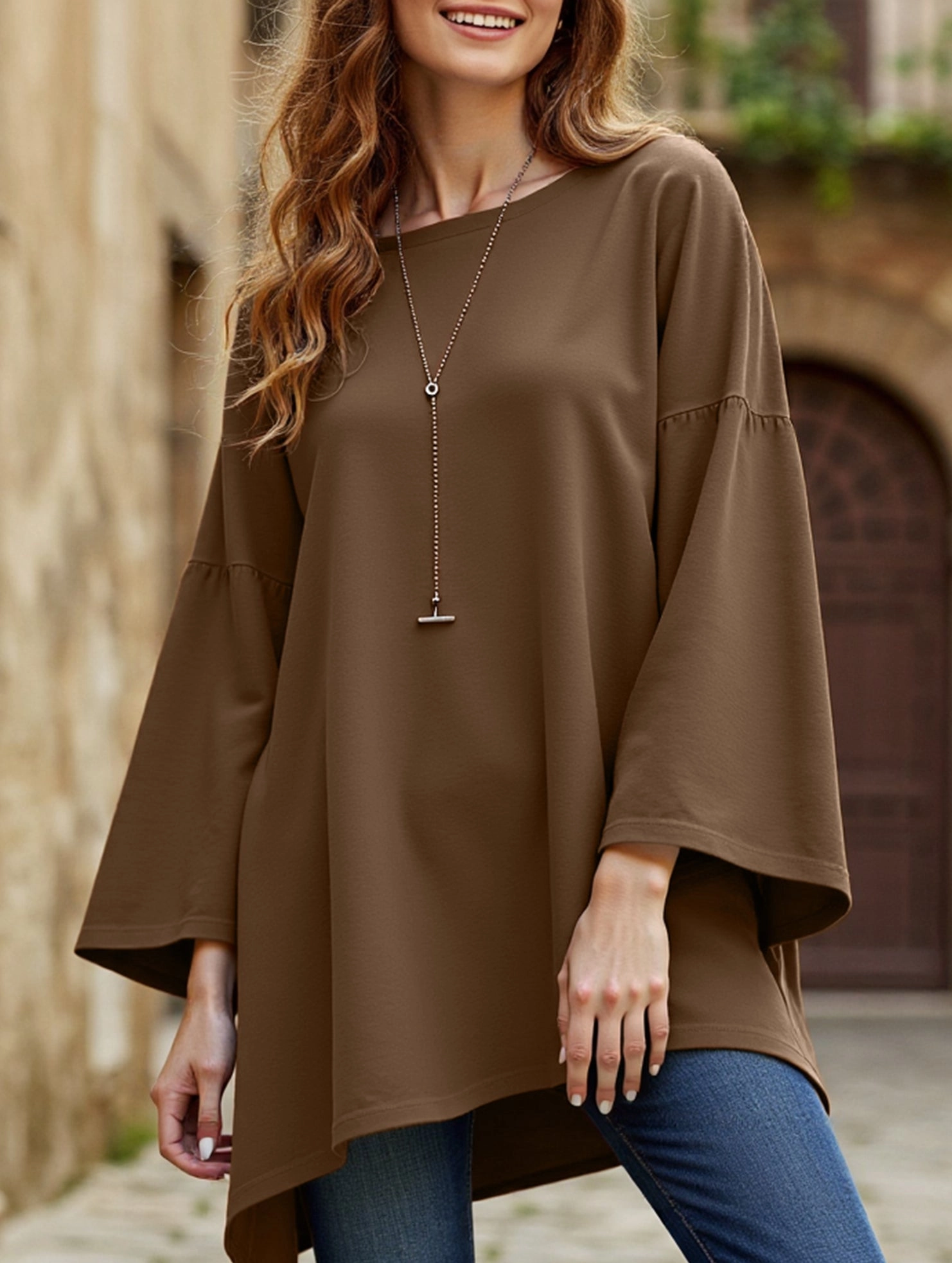 Solid color round neck slit long sleeve loose top Ribbed Neckline Fray Resistant Edges