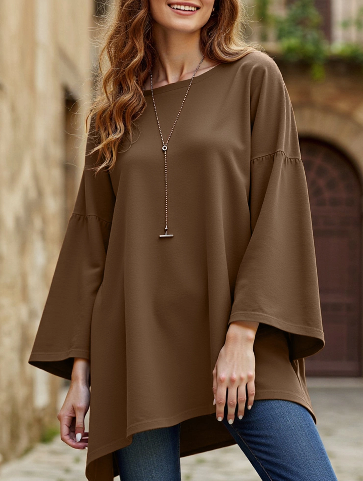 Solid color round neck slit long sleeve loose top WaterRepellent Finish TwillWeave