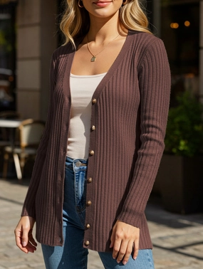 Solid color women's ribbed long-sleeved cardigan Knit Fabric Technology