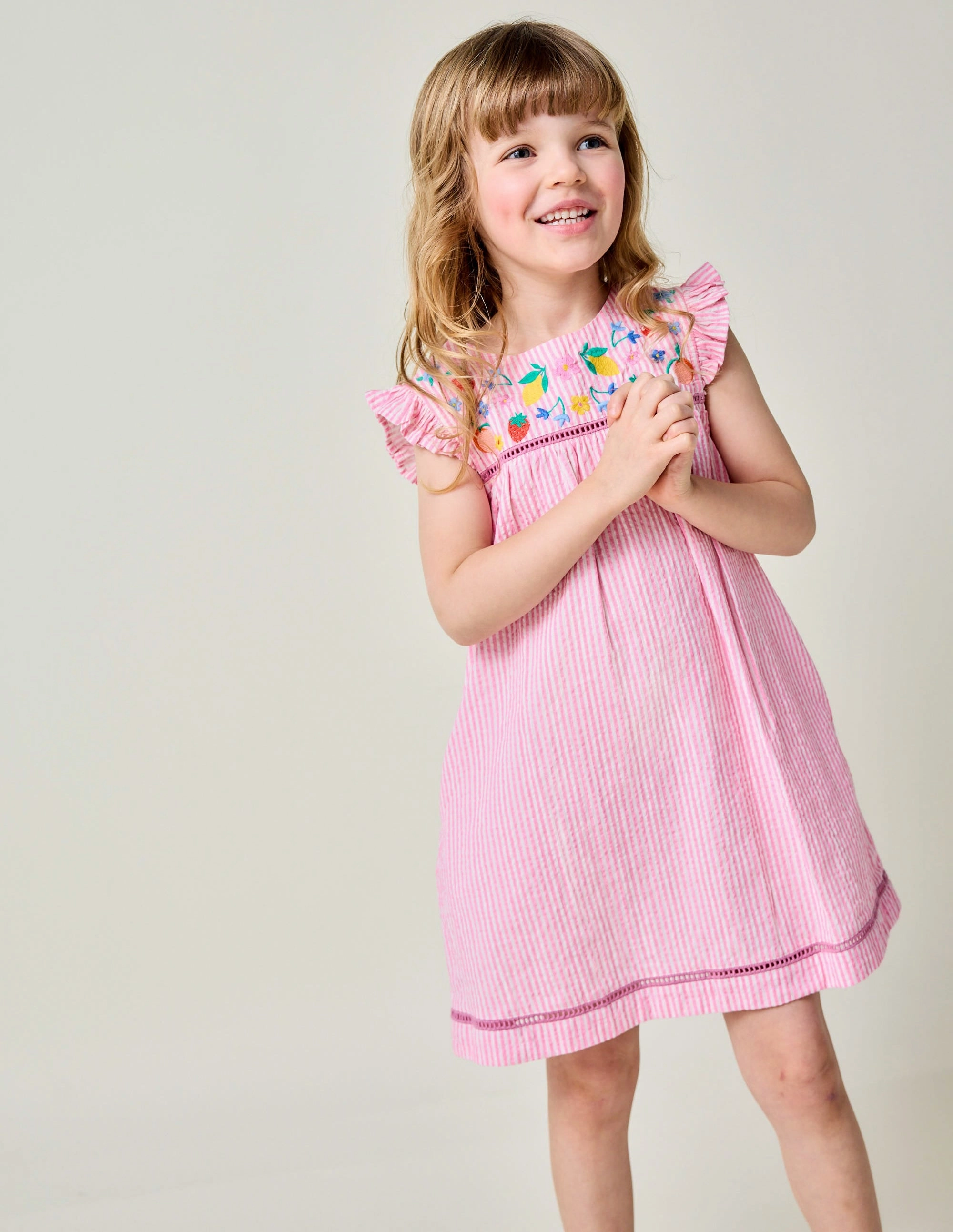 Weekend Favorite Celia Woven Holiday Dress-Pink Stripe Fruit