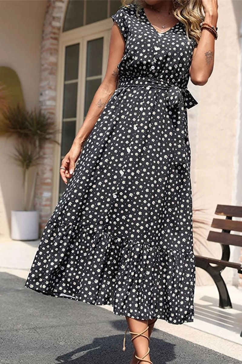 WOMEN SLEEVELESS FLORAL PRINTING LONG DRESS Neutral-Shade