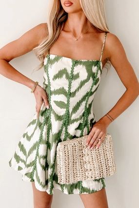 Wind In My Sails Abstract Sleeveless Mini Dress (Olive) Classic Touch