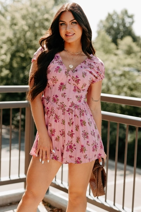 Bloom For You Short Sleeve Floral Romper (Pink) Maternity-Fit Shimmer-Finish