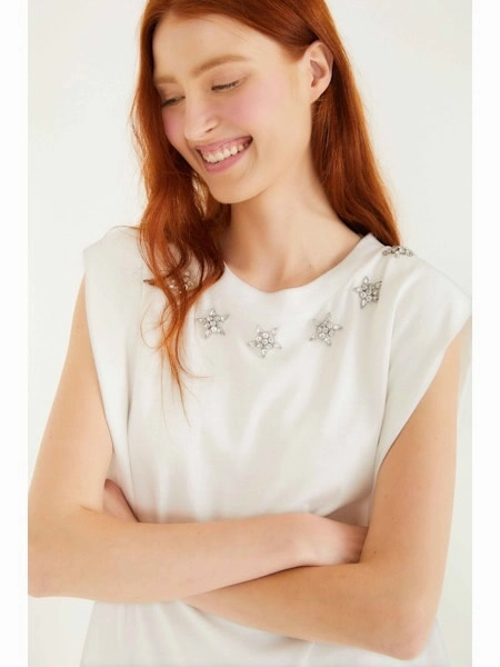 Self Fabric Tie Tear Resistant Reinforcement Sparkling Off White T Shirt